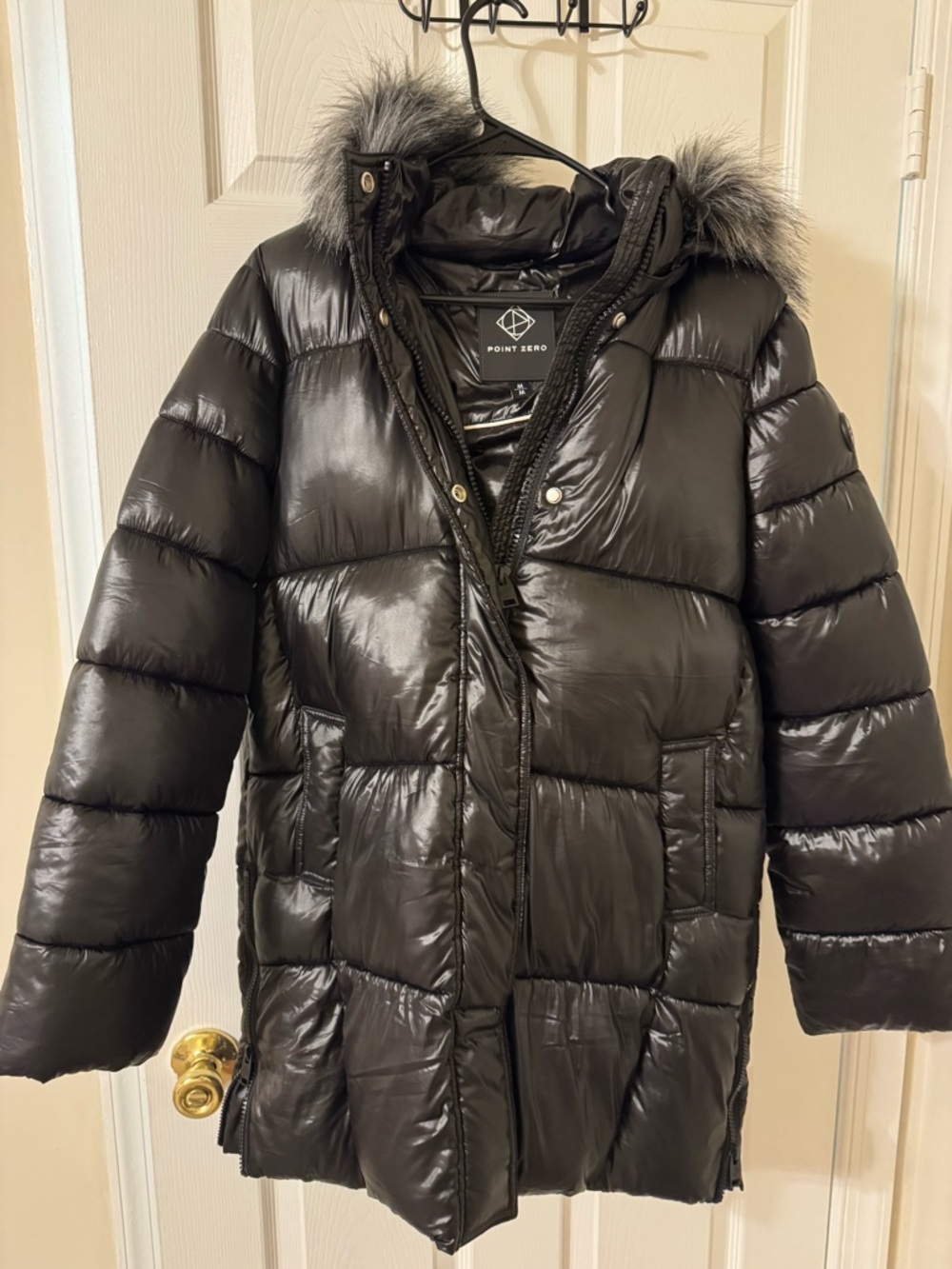 Point Zero Shiny Black Quilted Puffer with Faux-Fur Hood